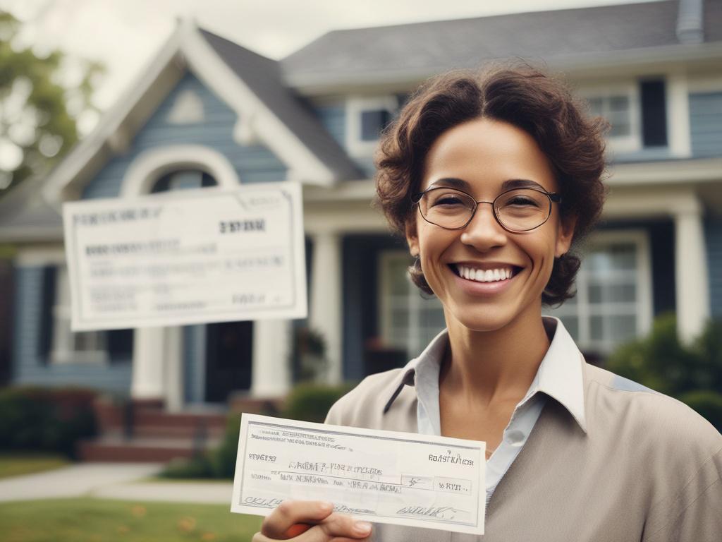 A close-up shot of a smiling homeowner holding a check, symbolizing the recovery of surplus funds from foreclosure sales. The background should be a soft-focus of a cozy living room, with warm lighting that conveys a sense of relief and happiness. The homeowner's expression should reflect joy and gratitude. The image should have realistic high-resolution quality, compatible with the primary color rgb(193, 153, 87).