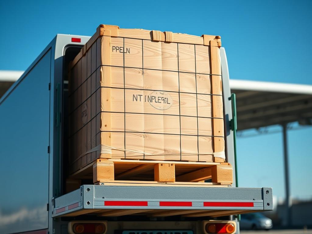 A close-up shot of a single pallet loaded onto an EX11 vehicle, set against a clear blue sky. The vehicle should be parked in a logistics hub, showcasing its readiness for delivery. The focus should be sharp on the pallet with a blurred background, highlighting the importance of precision delivery in logistics.