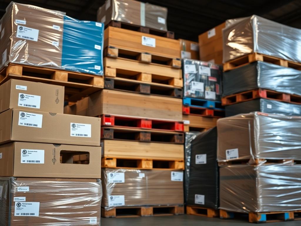 A close-up of a neatly stacked group of pallets inside a warehouse, showcasing various goods ready for shipment. The pallets are organized and labeled, indicating efficiency and professionalism. Soft lighting highlights the textures of the pallets and goods, creating a sense of readiness for delivery.