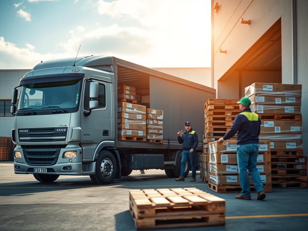 A close-up of a delivery truck unloading non-ADR pallets at a distribution center. The truck is parked next to a loading dock, with workers carefully handling the pallets. The scene captures the organized chaos of logistics, highlighting efficiency and teamwork.