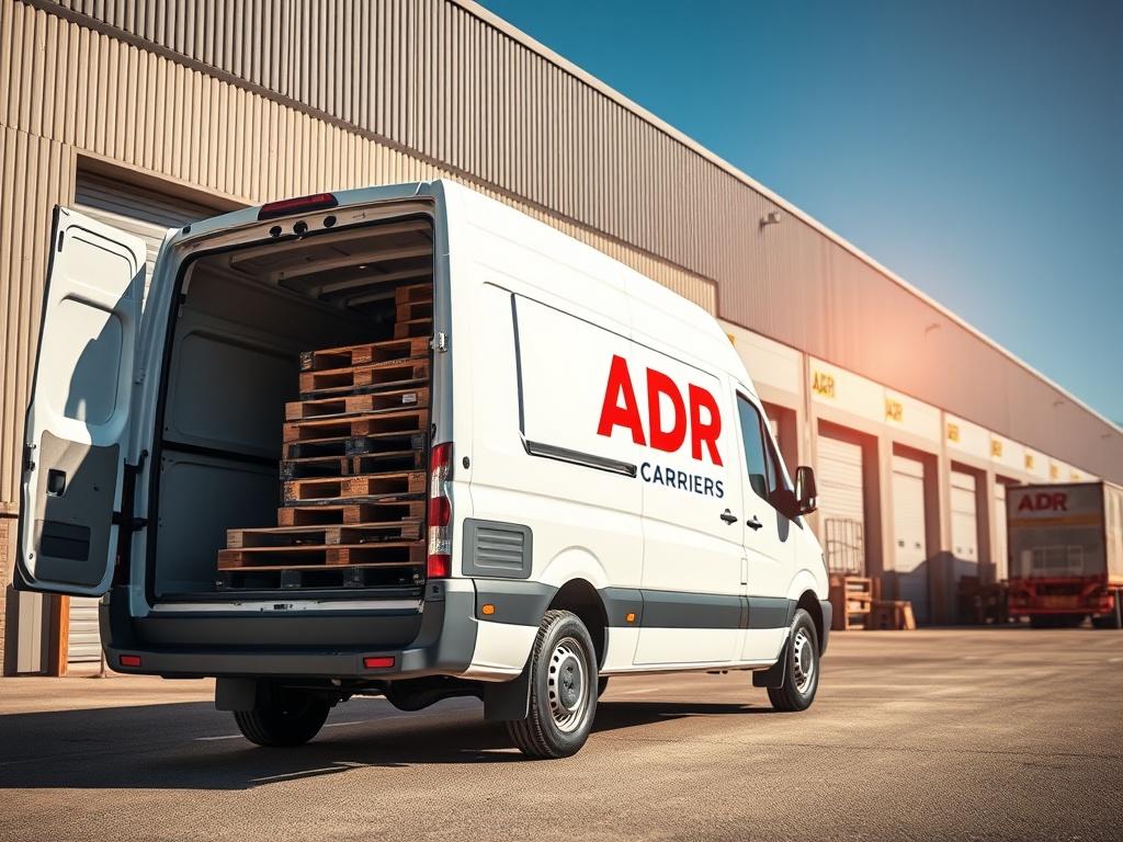 A close-up of a delivery van with pallets loaded in the back, parked in front of a warehouse. The van's logo is visible, showcasing the ADR Carriers branding. Bright daylight illuminates the scene, emphasizing the van's readiness for quick delivery. The background features a clear blue sky, giving a sense of urgency and efficiency.