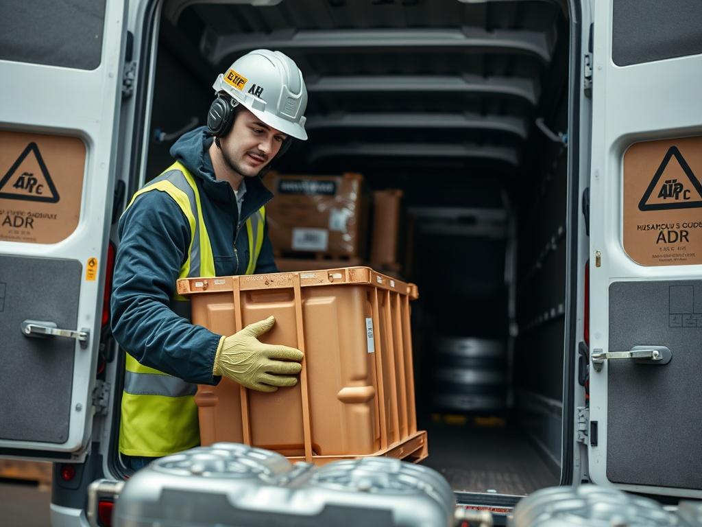 A close-up shot of a skilled ADR courier handling hazardous goods with care. The courier is wearing safety gear, including gloves and a helmet, and is loading a secured container into an ADR vehicle. The background shows a warehouse or loading dock, with clear safety signage visible. The lighting is bright, focusing on the courier and the goods, emphasizing the importance of safety in transporting dangerous materials. The composition is clear and professional, showcasing the meticulous process of hazardous 
