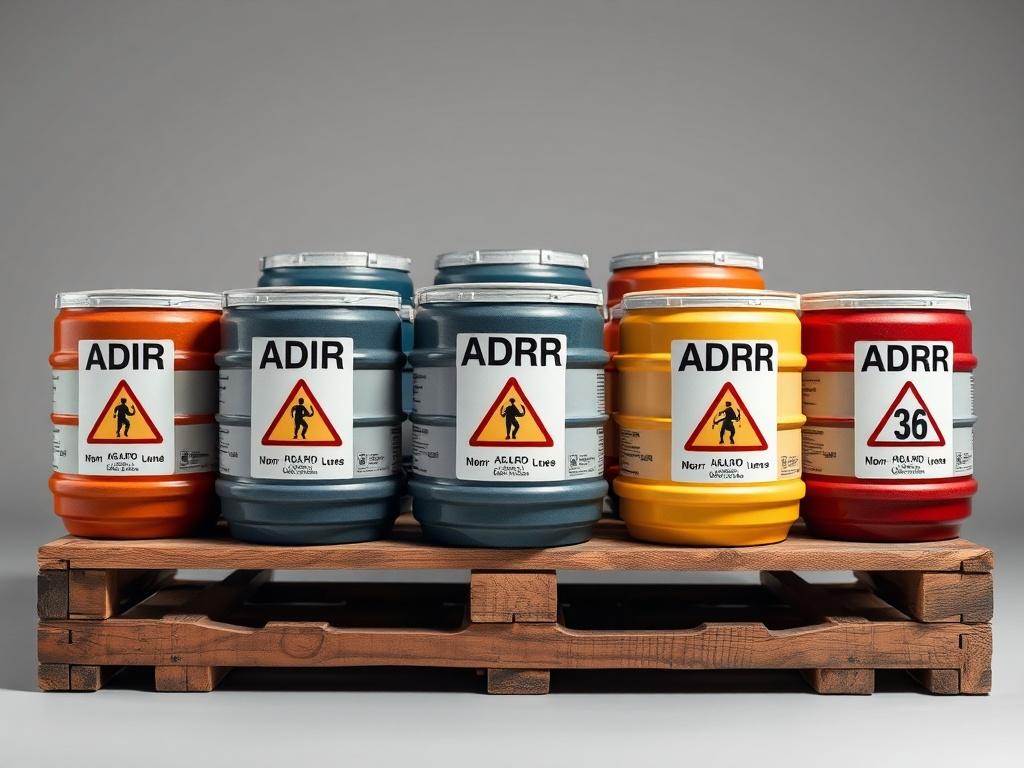 A close-up shot displaying various containers labeled with ADR Classes 1 to 9. The containers are arranged neatly on a wooden pallet, with clear labeling visible. The background is a simple, neutral color to emphasize the containers and their labels. The lighting is bright, highlighting the different colors and symbols used for each class, showcasing the diversity of hazardous materials. The composition focuses solely on the containers, providing a clear view of the different classifications and their impor