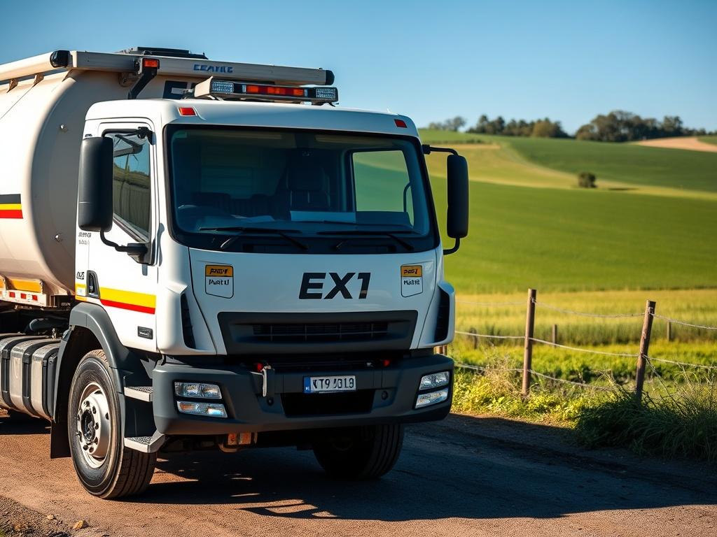 A close-up shot of an EX11 vehicle parked in a scenic, rural setting. The vehicle is prominently displayed, showing its features and branding. The background includes a clear blue sky and green fields, emphasizing the vehicle's role in transporting hazardous goods. The lighting is bright and natural, highlighting the vehicle's details, such as safety markings and equipment. The composition is simple, focusing solely on the vehicle with no distractions in the background.