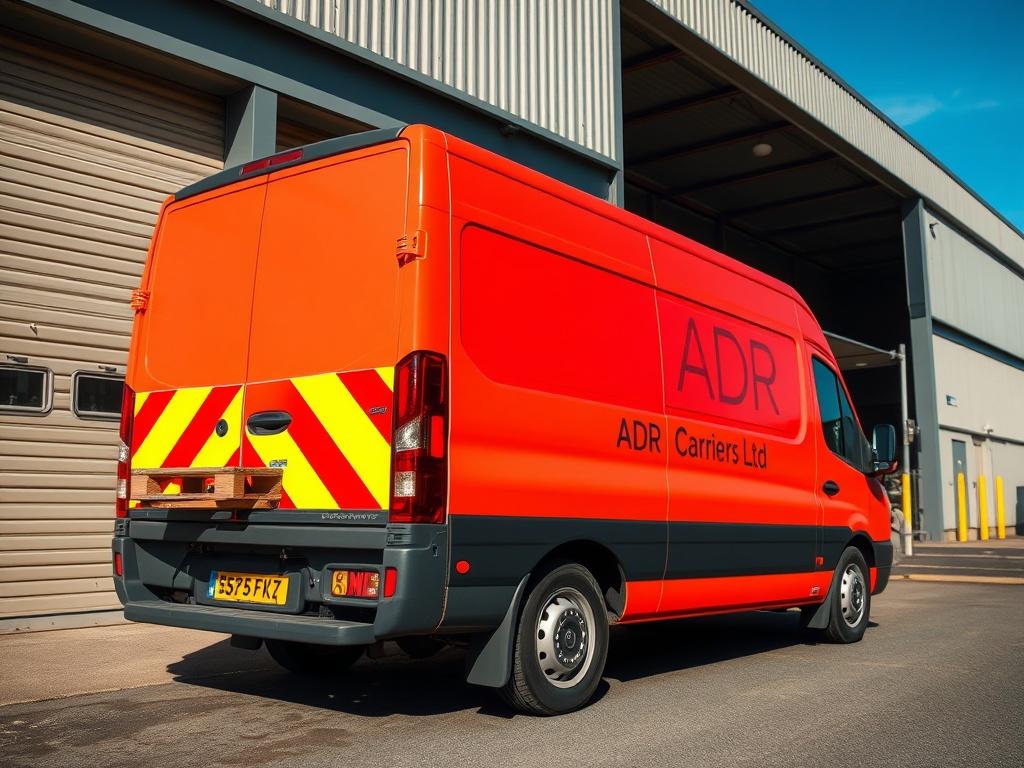A close-up shot of an ADR Carriers Ltd delivery vehicle, parked outside a warehouse, with a pallet loaded safely on the back. The background should depict a clear blue sky, emphasizing the speed and efficiency of the delivery service. The vehicle should be shown in high resolution to highlight its specialized design for hazardous goods.