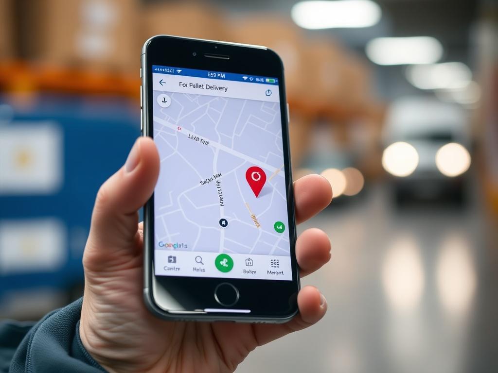 An engaging image of a smartphone displaying a tracking app for a pallet delivery. The screen shows a map with a tracking pin indicating the location of the delivery vehicle. The background should be slightly blurred to focus on the smartphone and convey a sense of modern technology.