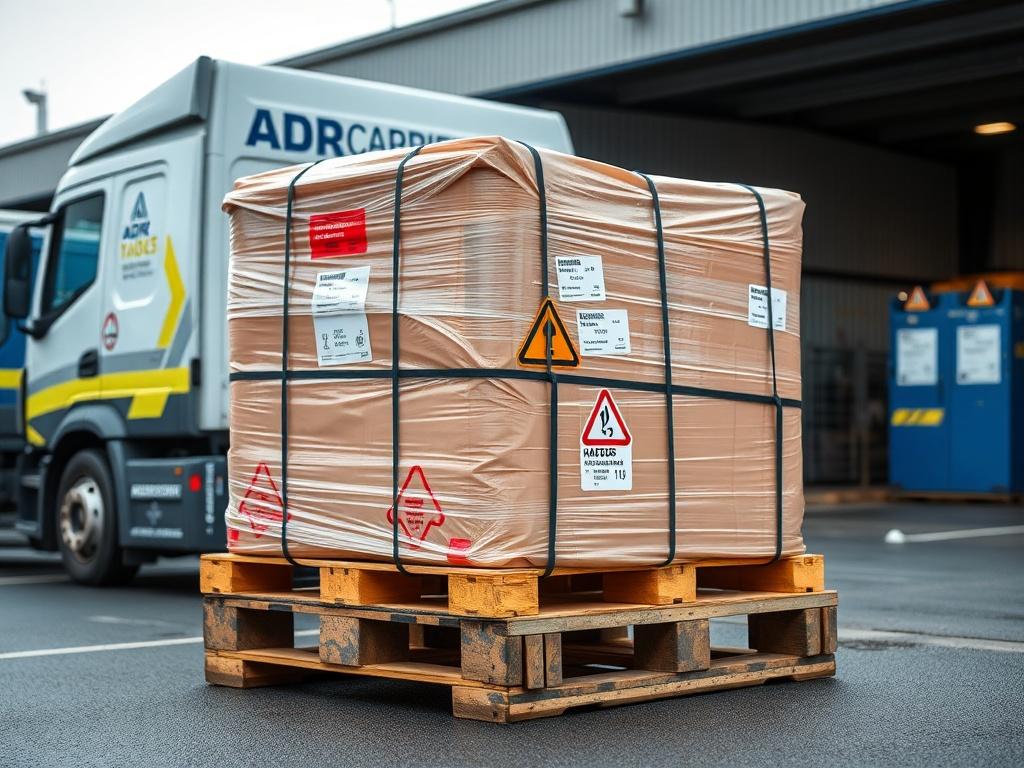 A high-resolution image of a pallet containing hazardous goods, securely strapped on an ADR Carriers Ltd EX11 vehicle. The vehicle should be parked in an industrial area, with clear safety signage in the background. Focus on the pallet and the vehicle to emphasize the specialized transportation.