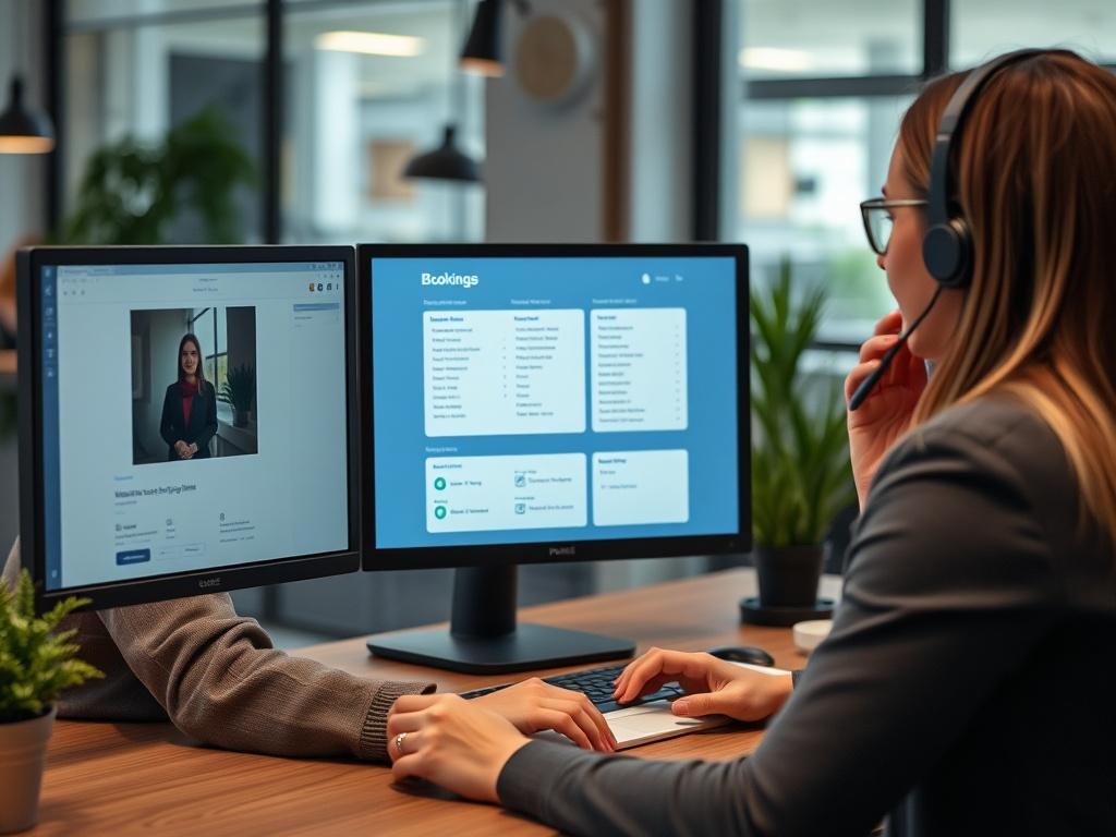 A high-resolution image of a customer service representative assisting a client on the phone, with a computer display showing an easy-to-use booking interface. The setting should feel welcoming and professional.