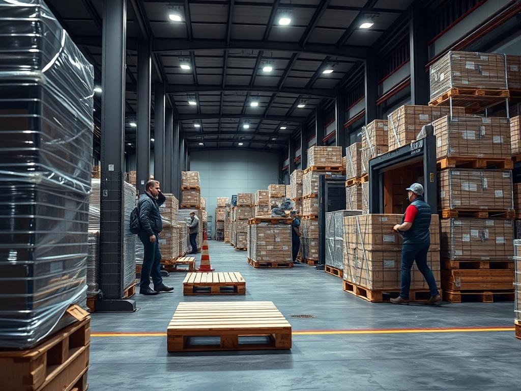 A high-resolution image of a loading dock with multiple pallets being prepared for groupage transport. The scene should depict a busy yet organized environment, highlighting the efficiency of the logistics process.