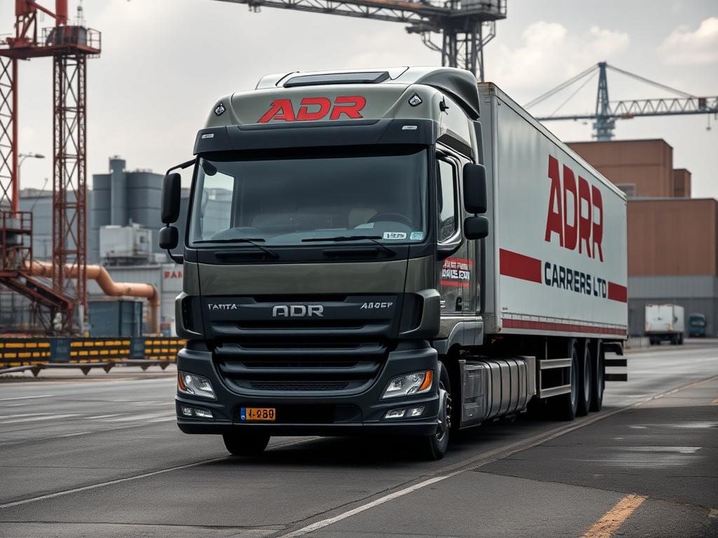A realistic close-up shot of an ADR Carriers Ltd truck in an industrial area of Berlin, with the city's recognizable architecture in the background. The truck should be clearly visible, emphasizing its purpose in hazardous goods transportation.