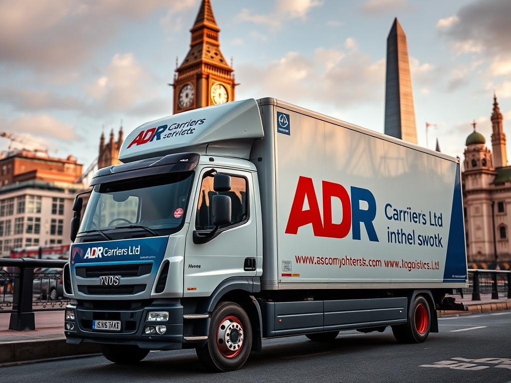 A high-resolution close-up image of an ADR Carriers Ltd vehicle parked in front of a landmark in London, showcasing the vehicle's branding. The background should clearly depict the iconic London skyline. The shot should be vibrant, capturing the essence of urban logistics.