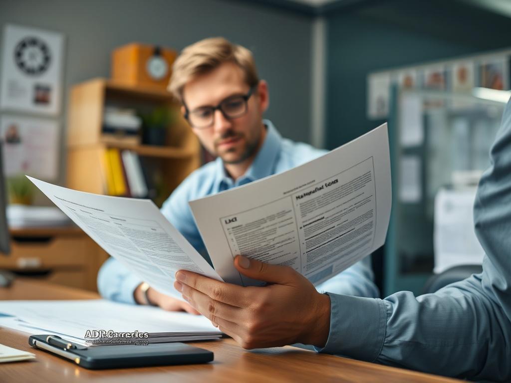 A close-up image of a professional ADR Carriers Ltd staff member reviewing documents related to hazardous goods regulations at an office desk. The background should be a well-organized workspace, highlighting professionalism and expertise.