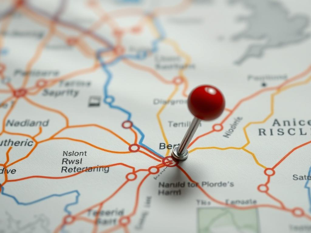 A close-up shot of a map with highlighted routes and a delivery pin symbolizing accurate postcode-to-postcode transport, emphasizing precision and reliability.