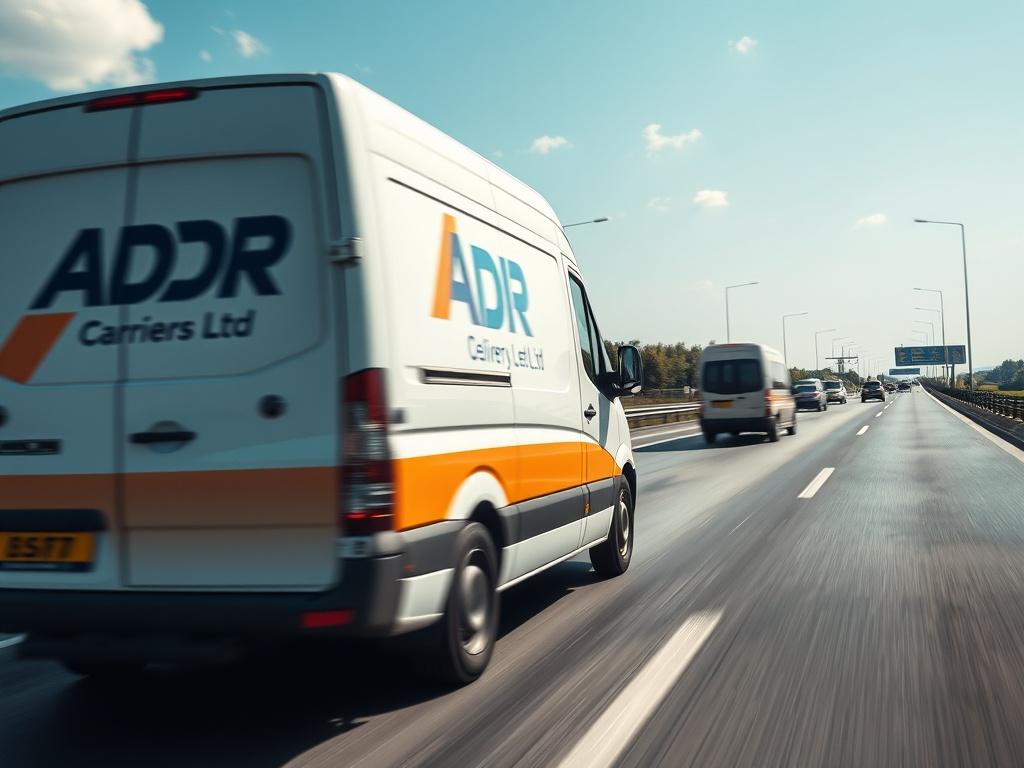 A close-up shot of an ADR Carriers Ltd delivery van on a busy highway, showcasing the van's branding with a clear blue sky and dynamic motion blur to represent speed and reliability.