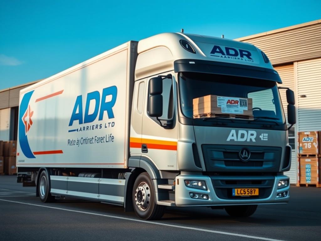A hyper-realistic close-up shot of a delivery truck with ADR Carriers Ltd branding parked in front of a warehouse, showcasing pallets being loaded onto the truck. The background includes a clear blue sky and a well-organized logistics environment, emphasizing efficiency and professionalism. The focus is on the truck and pallets, shot with a 45mm f/1.2 lens.