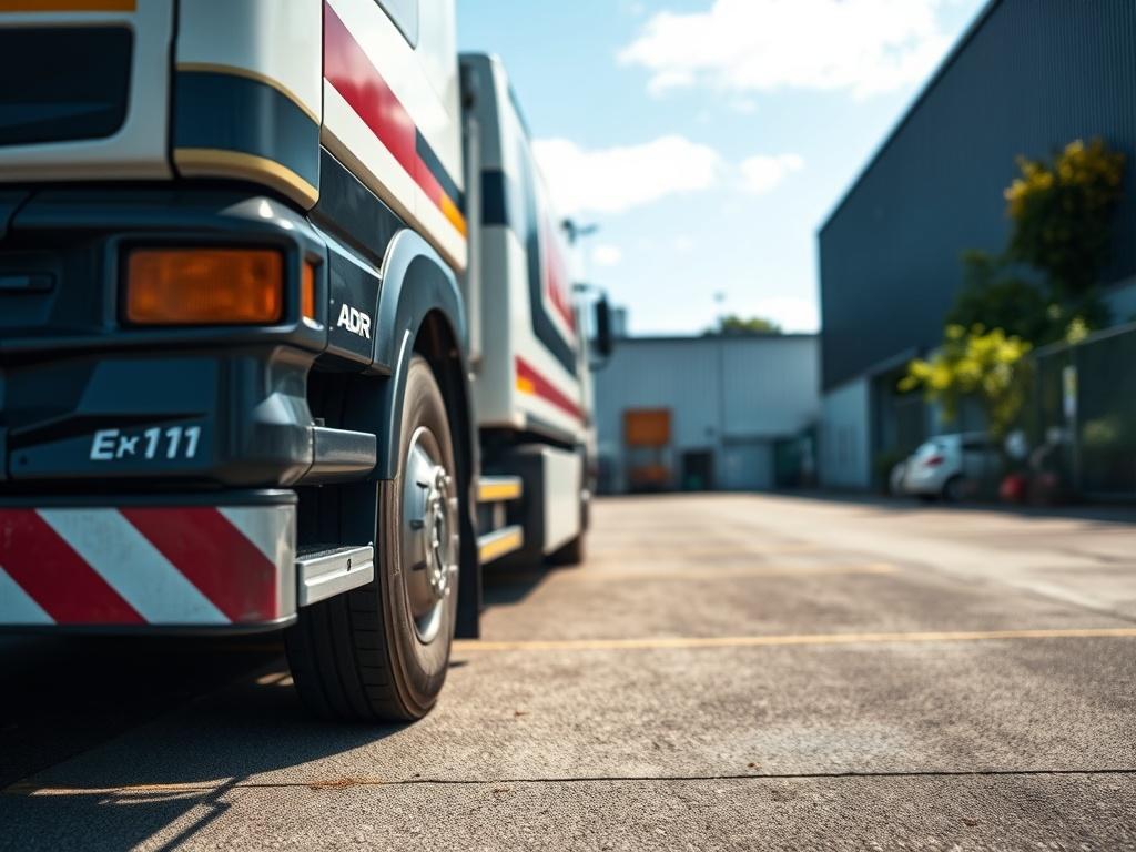 A hyper-realistic close-up shot of an ADR EX11 vehicle, parked in a safe industrial area with clear signage indicating hazardous goods. The vehicle should be shiny and well-maintained, showcasing its specialized features. The background should include a clear blue sky and a hint of greenery, emphasizing safety and reliability.