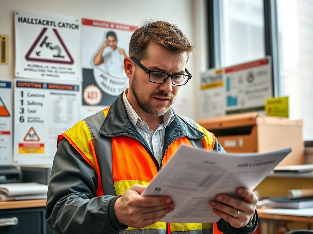 A hyper-realistic close-up shot of a knowledgeable ADR specialist reviewing hazardous goods documentation in a well-lit office. The specialist should be focused and engaged, with papers and safety equipment visible. The background should have safety posters related to ADR regulations, creating an atmosphere of professionalism and expertise.