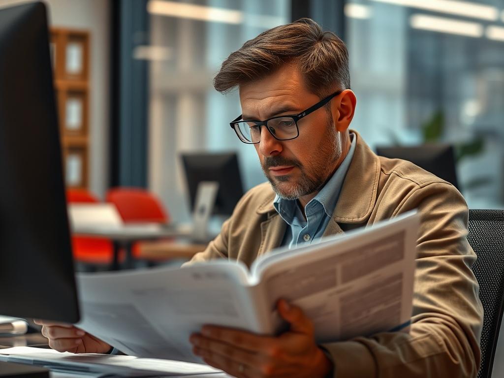 A knowledgeable logistics expert reviewing ADR regulations in a modern office setting, surrounded by documents and a computer. The focus is on the expert's thoughtful expression, reflecting dedication to ensuring compliance in hazardous goods transport.