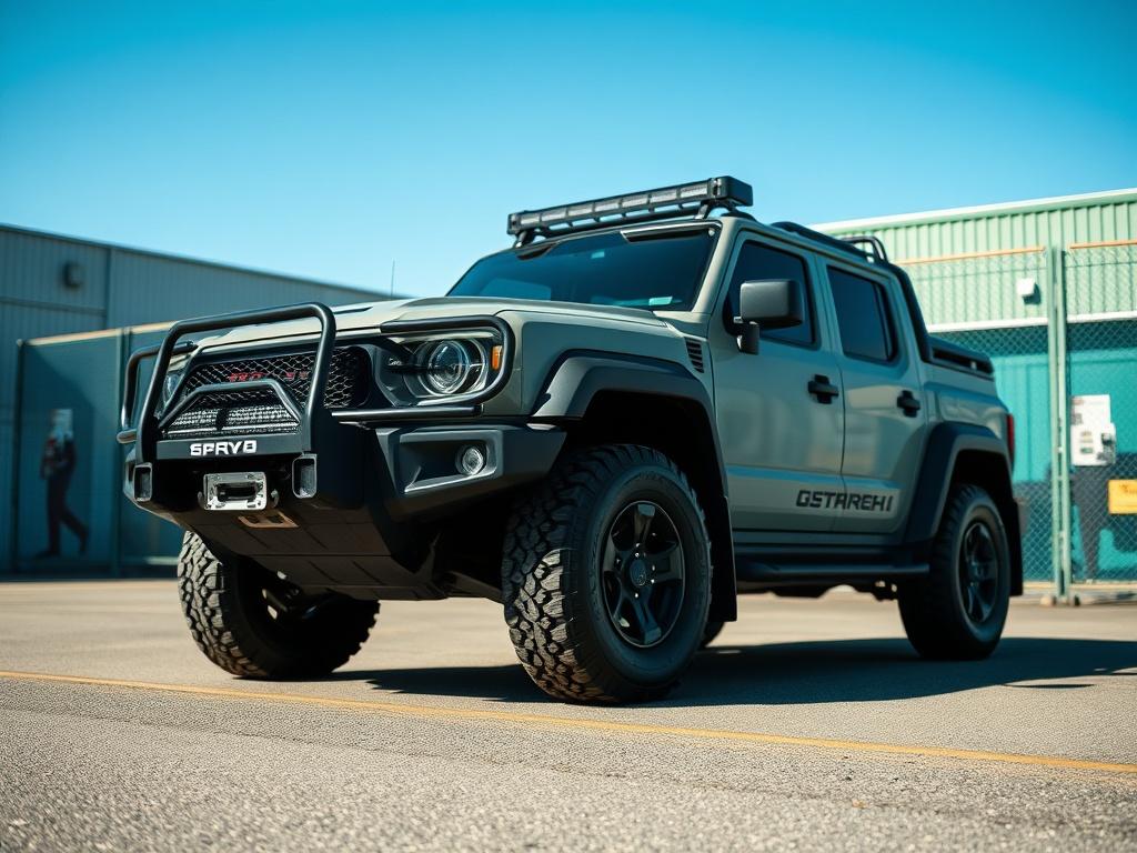 A close-up shot of a specialized EX11 vehicle parked in a secured area, showcasing its robust exterior and safety features. The background should be blurred to emphasize the vehicle, with a clear blue sky to highlight a sense of reliability and safety.