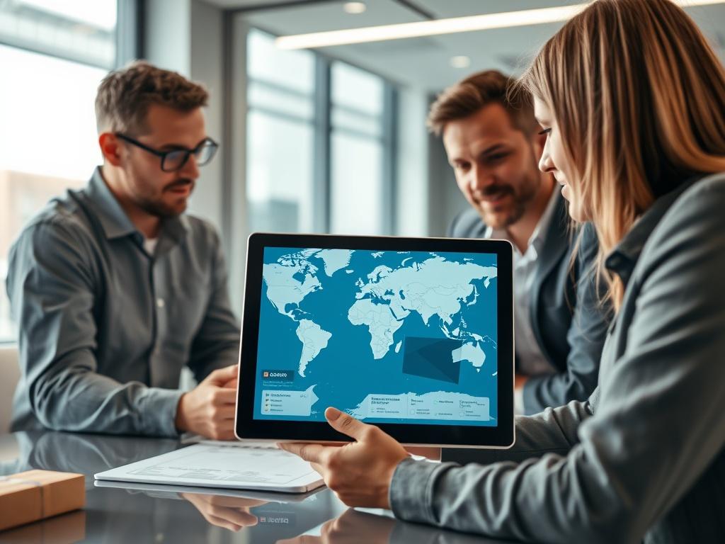 An engaged logistics team discussing customized delivery plans in a bright conference room. The focus is on a digital tablet displaying a logistics map, symbolizing the planning process for hazardous goods transport.