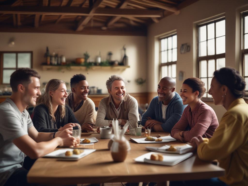 A close-up shot of a diverse group of community members smiling and discussing ideas around a table in a bright, inviting village hall. The background features warm, rustic interior elements that evoke a sense of community spirit. The composition focuses on their engaged expressions, showcasing collaboration and enthusiasm. Shot with a 45mm f/1.2 lens style, ensuring a clear focus on the subjects against a softly blurred background.