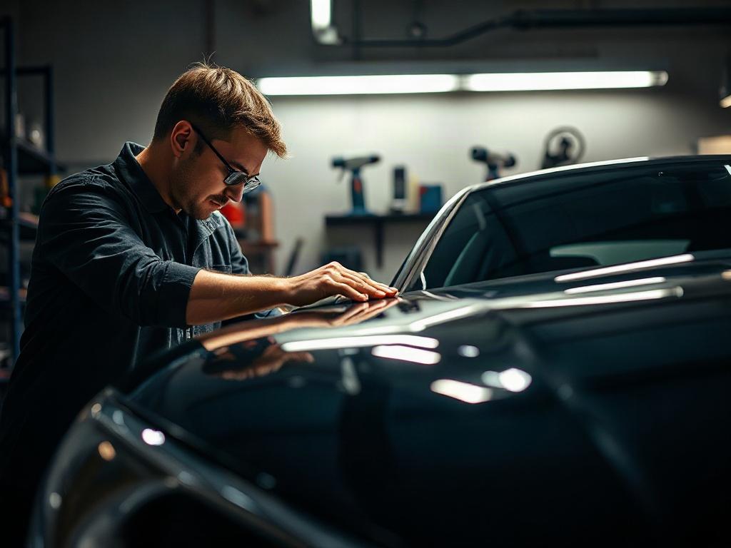 A high-resolution photo of a skilled technician meticulously polishing a luxury car in a well-lit auto service workshop. The background features modern tools and equipment, emphasizing a professional and premium atmosphere. The lighting should create dramatic shadows and rich contrasts, highlighting the technician's focused expression and the sleek curves of the car.