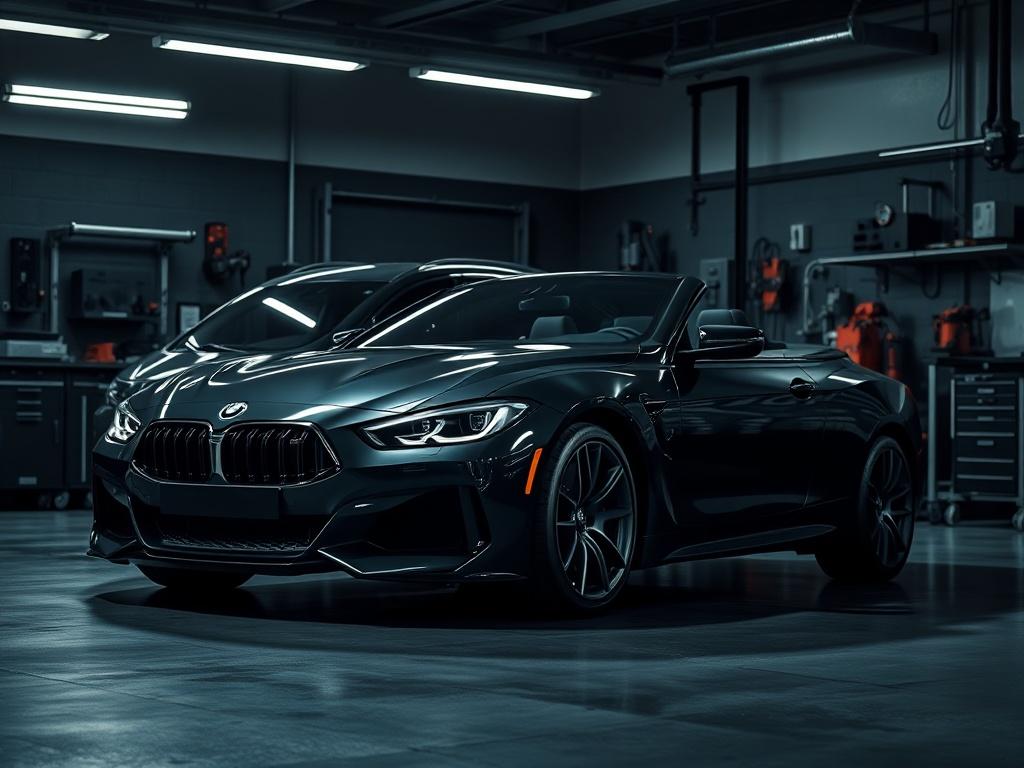 A sleek, luxury car parked in a sophisticated auto workshop with dramatic lighting and deep shadows. The background features modern tools and equipment, emphasizing a premium service atmosphere. The focus is on the car, showcasing its polished exterior and attention to detail.