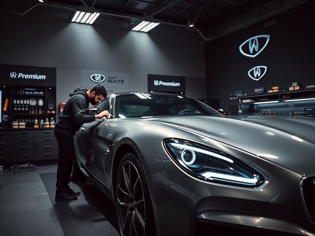A luxurious car being detailed in a modern auto shop, showcasing high-quality tools and products, with a focus on a technician polishing a sleek vehicle. The environment is clean and professional, with dramatic lighting highlighting the car's shine. The background subtly includes premium branding elements, maintaining a sophisticated and upscale atmosphere.