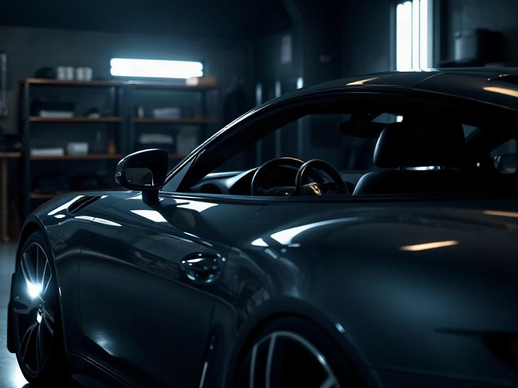 A high-resolution image of a freshly detailed luxury car, showcasing its shiny exterior and immaculate interior. The setting should be a stylish garage with dramatic lighting and deep shadows, emphasizing the car's rich contrasts and the elegance of the detailing process.