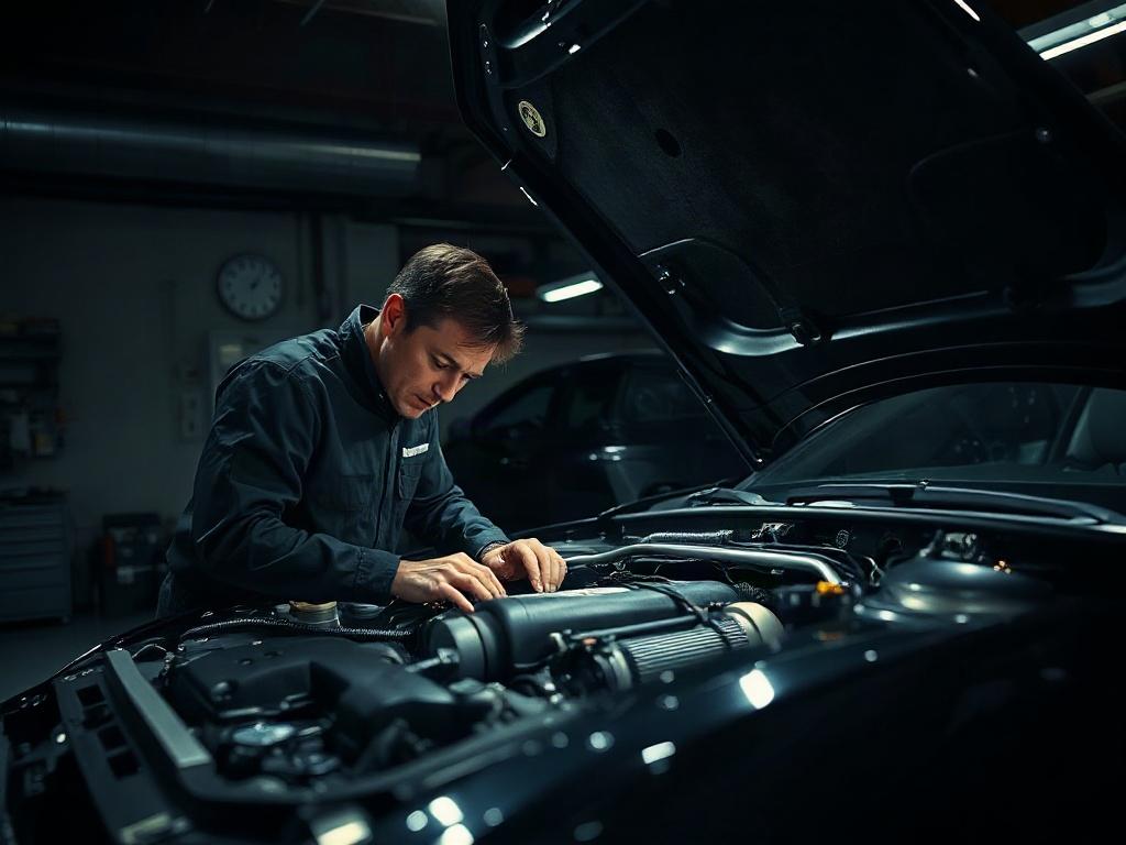 A high-resolution image of a mechanic working on a luxury car in a well-equipped garage. The mechanic is focused on the engine, with tools and parts around, captured in dramatic lighting that highlights the precision and care involved in the repair process.