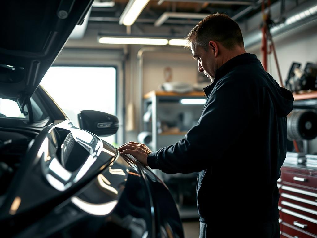A skilled mechanic working on a luxury vehicle in a modern auto service workshop. The scene captures the intricate details of the repair process, with tools and equipment neatly organized. The lighting is dramatic, creating an intense atmosphere that reflects expertise and professionalism.