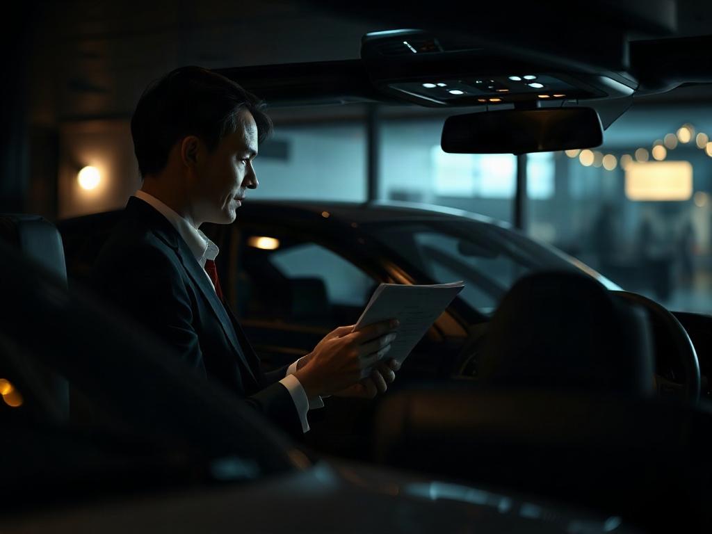 A high-resolution image of a professional concierge assisting a client with car registration documents in a luxurious environment. The setting should reflect elegance and efficiency, with subtle lighting that creates a premium atmosphere, emphasizing the convenience of the service.