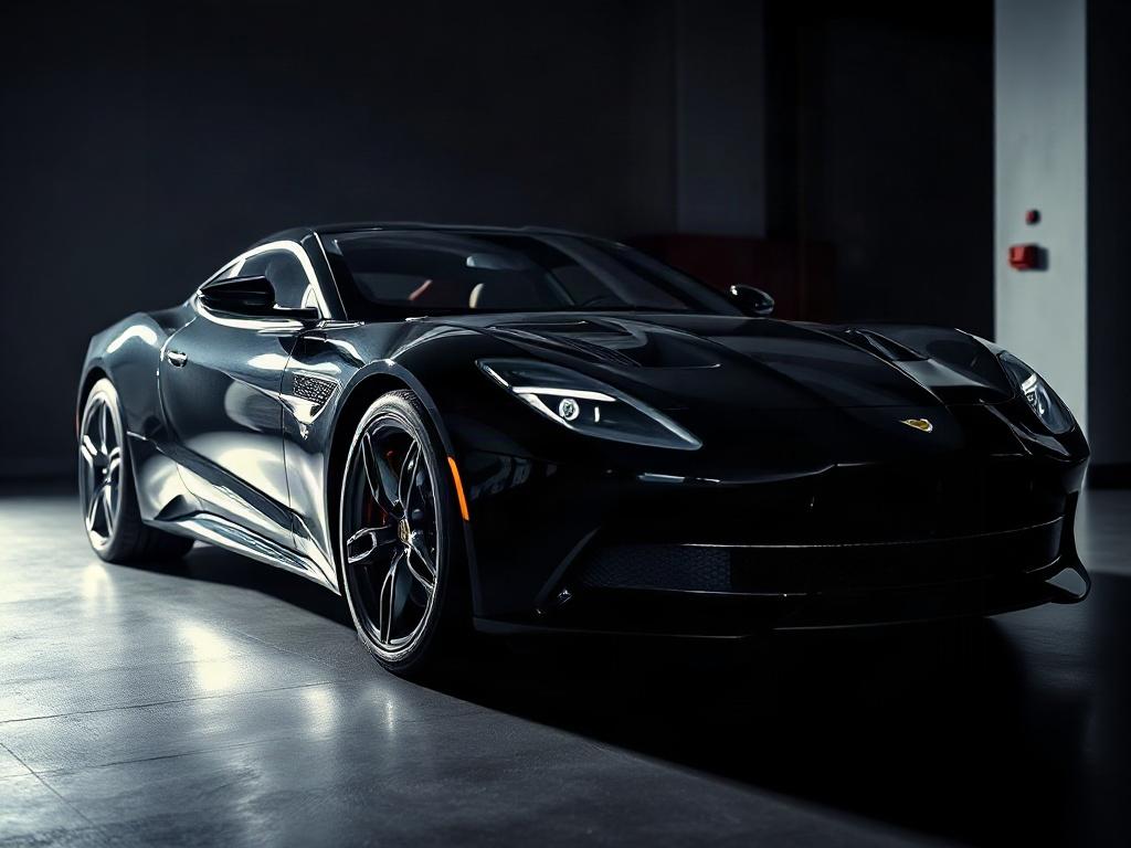A high-resolution image of a shiny, meticulously detailed luxury car in a modern garage setting. The background should be minimalist and dark, emphasizing the car's sleek design and glossy finish. The lighting should create dramatic shadows and contrasts, highlighting the vehicle's contours and reflections.