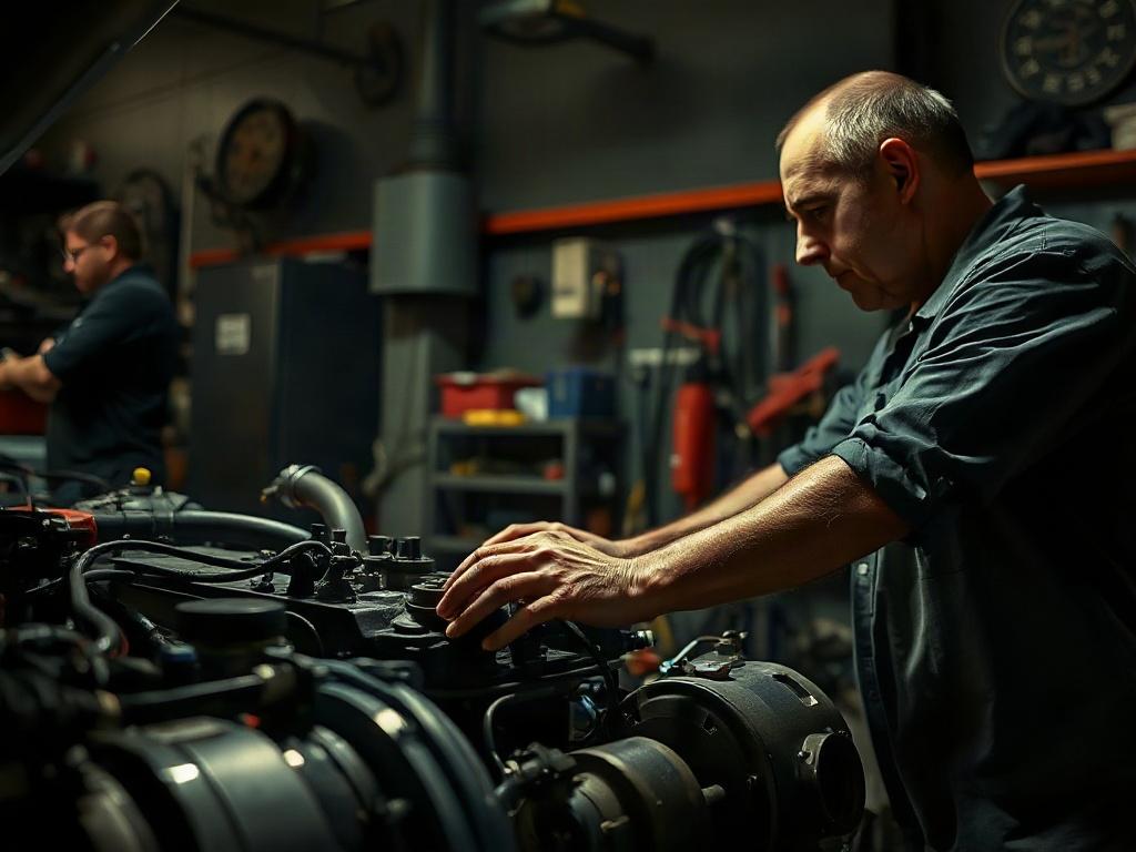 A high-resolution image of a mechanic working on an engine in a well-lit garage. The focus should be on the mechanic's hands as they repair the engine, with tools and vehicle parts in the background. The atmosphere should convey professionalism and expertise, with deep shadows and rich contrasts.