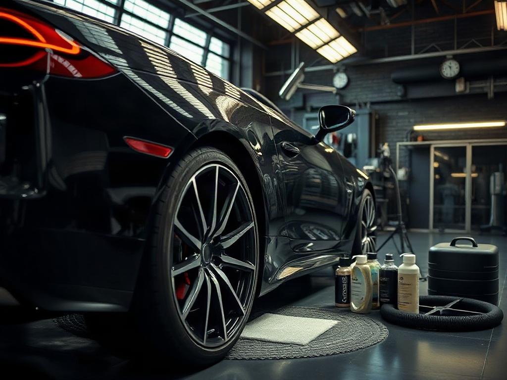 A high-resolution image of a luxury car undergoing meticulous detailing in a modern workshop, showcasing deep shadows and dramatic lighting. The focus is on the car's exterior, highlighting its polished surface and reflections, with tools and products arranged nearby to emphasize the precision of the detailing process.
