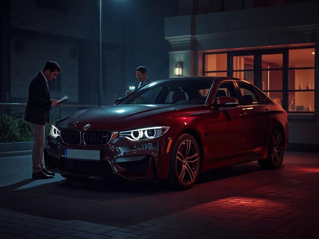 A high-resolution image depicting a luxury car being serviced at a client’s location by a dedicated auto concierge team. The setting should convey sophistication and exclusivity, with the concierge team in smart attire and the luxury vehicle in focus, complemented by elegant surroundings.