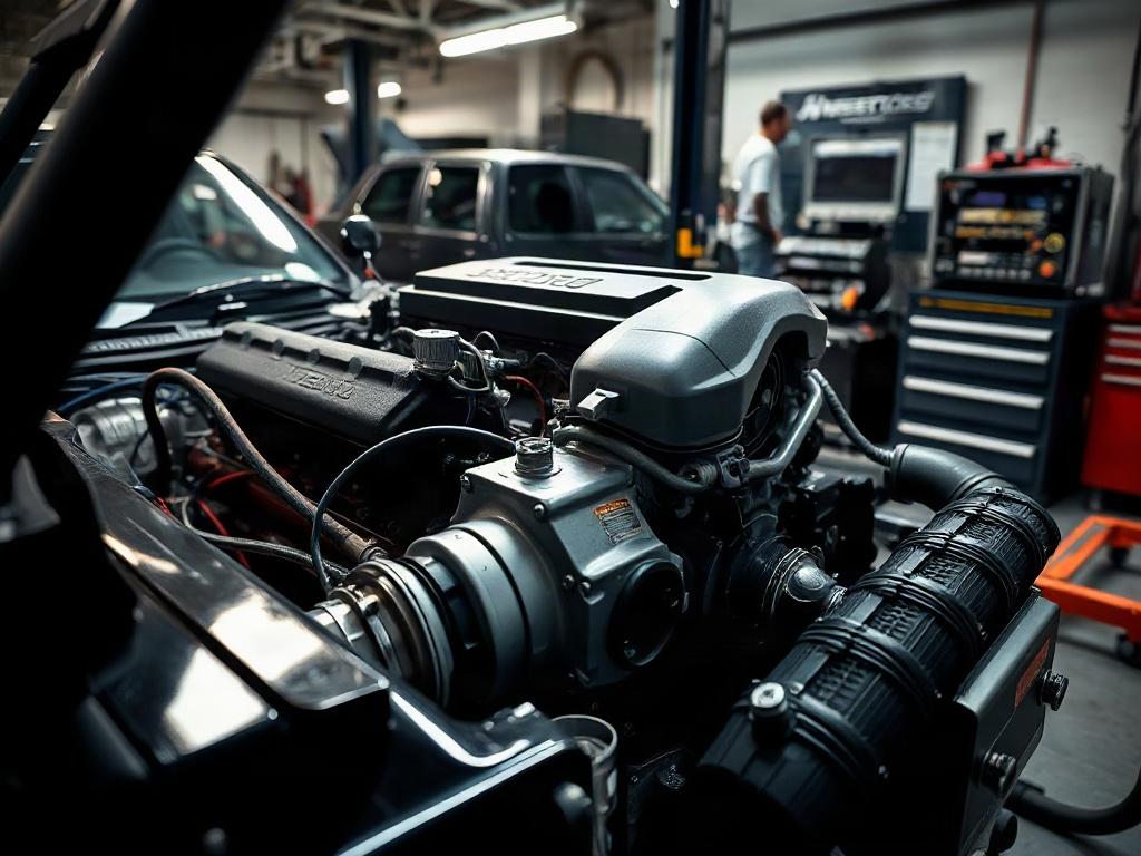 A high-resolution image of a luxury car's engine being serviced in a modern workshop, with mechanics focused on performance tuning. The image should capture the intricate details of the engine components, showcasing tools and diagnostic equipment in the background, all under dramatic lighting to enhance the technical atmosphere.