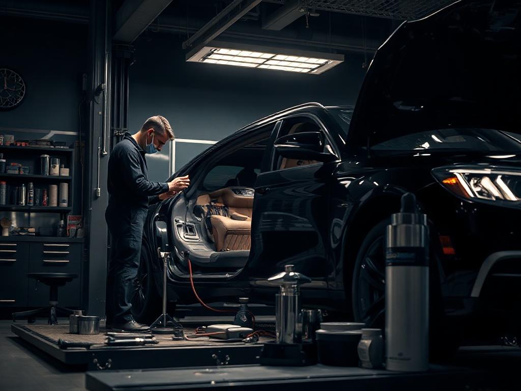 An image depicting a service technician performing maintenance on a luxury vehicle, with tools and premium products in the background. The setting should be sleek and modern, reflecting a high-end service environment.