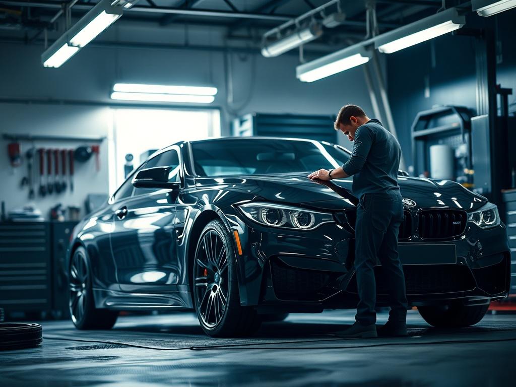 A realistic high-resolution photo of a skilled technician meticulously detailing a luxury vehicle in a sophisticated workshop. The background features modern automotive tools and equipment, with dramatic lighting highlighting the vehicle's sleek lines. The atmosphere conveys a sense of premium service and expertise, with deep shadows and rich contrasts to emphasize professionalism.