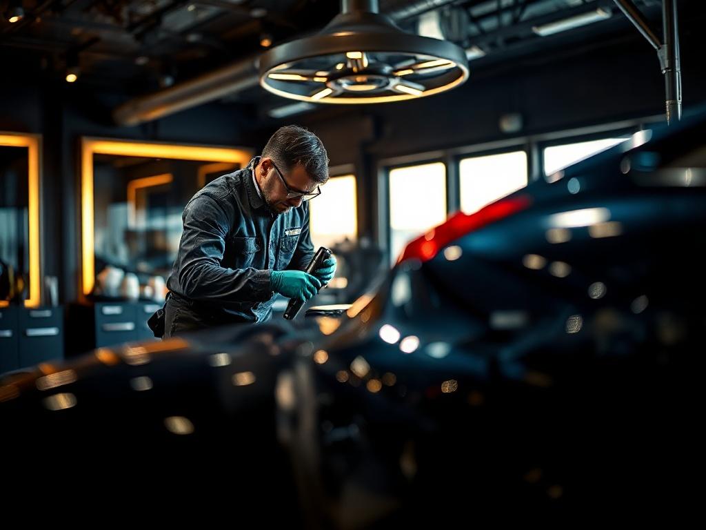 A high-resolution image of a premium car being serviced in a luxurious auto shop. The focus is on a skilled technician meticulously detailing the car, using high-quality products. The background should feature elegant design elements, with deep shadows and dramatic lighting that create a rich contrast, enhancing the premium atmosphere.