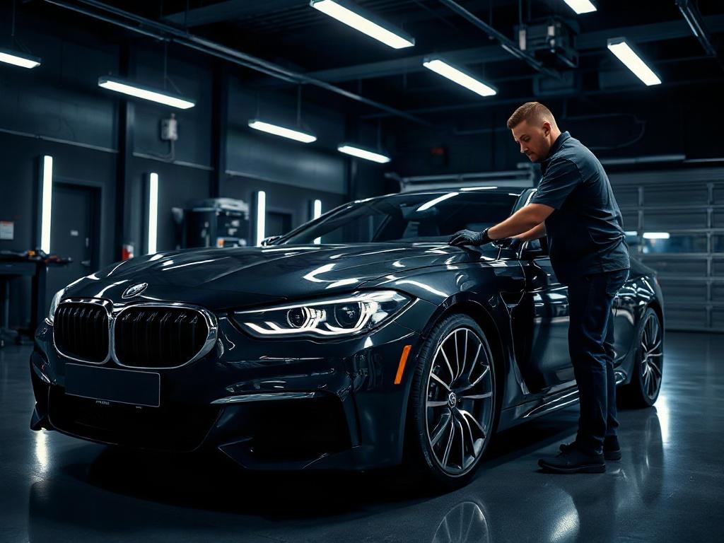 A luxurious car being detailed by a skilled technician, showcasing polishing and ceramic coating in a premium auto shop setting. The background is a sleek, modern garage with dramatic lighting and rich contrasts, emphasizing the quality of the detailing work.