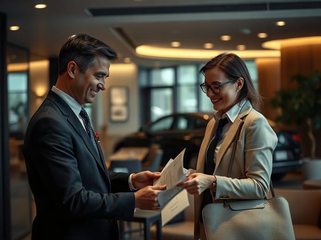 A friendly concierge assisting a customer with vehicle registration paperwork in a luxurious office space. The background features modern design elements and a comfortable ambiance, illustrating the high level of service provided.
