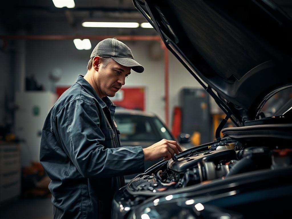 A professional mechanic diagnosing a car engine in a well-lit, modern auto repair shop. The atmosphere is focused and intense, highlighting the technician's expertise and the high-quality tools used for the repair.