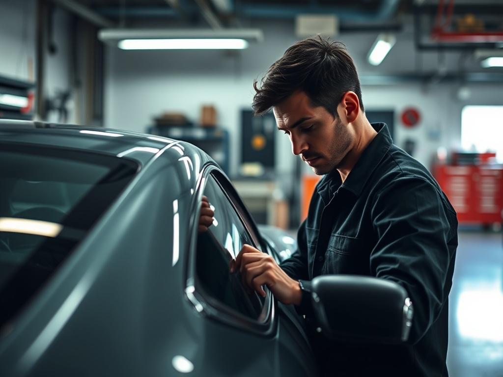 A realistic high-resolution photo of a professional automotive technician inspecting a luxury car in a modern workshop. The scene highlights the technician's focused expression and the sleek lines of the car with dramatic lighting and deep shadows. The background features well-organized tools and equipment, emphasizing a premium and meticulous auto care environment.