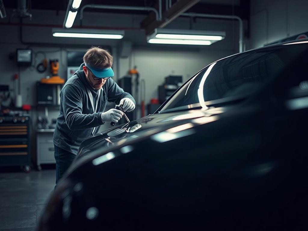 A technician applying a ceramic coating to a car's exterior in a well-lit garage. The scene captures the sleekness of the vehicle and the glistening effect of the coating. The background features tools and equipment, maintaining a professional atmosphere while showcasing the meticulous work being done.