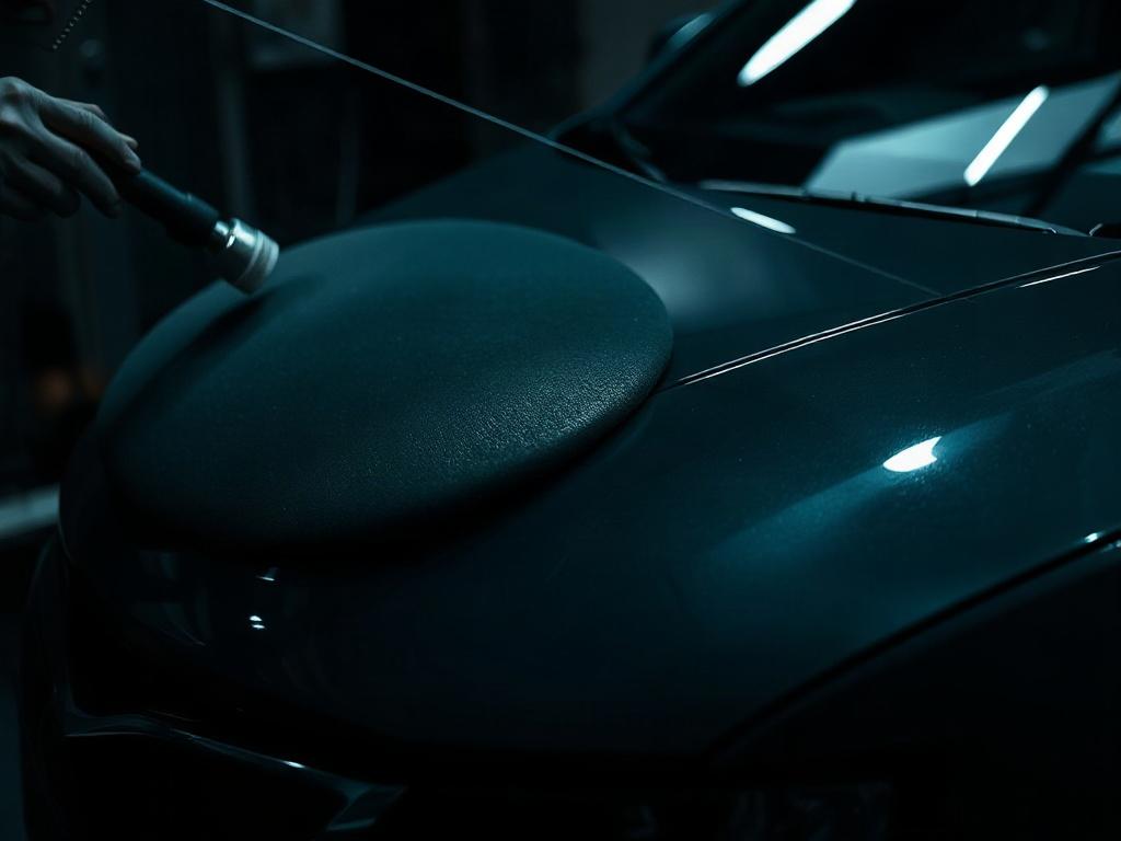 A close-up shot of a car hood being polished by a technician, showcasing the glossy finish of paint after correction. The background is blurred to emphasize the shine of the car's surface. Dramatic lighting highlights the contours of the vehicle, creating a rich contrast between the shiny paint and the dark, minimalistic environment.