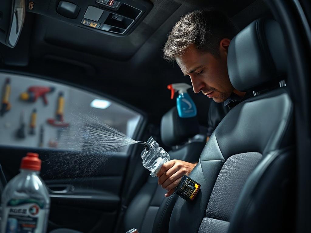 An image of a technician deep cleaning the interior of a car, focusing on the seats and dashboard. The scene is well-lit, highlighting the cleanliness and attention to detail. The background shows cleaning tools and products, emphasizing the thoroughness of the process.