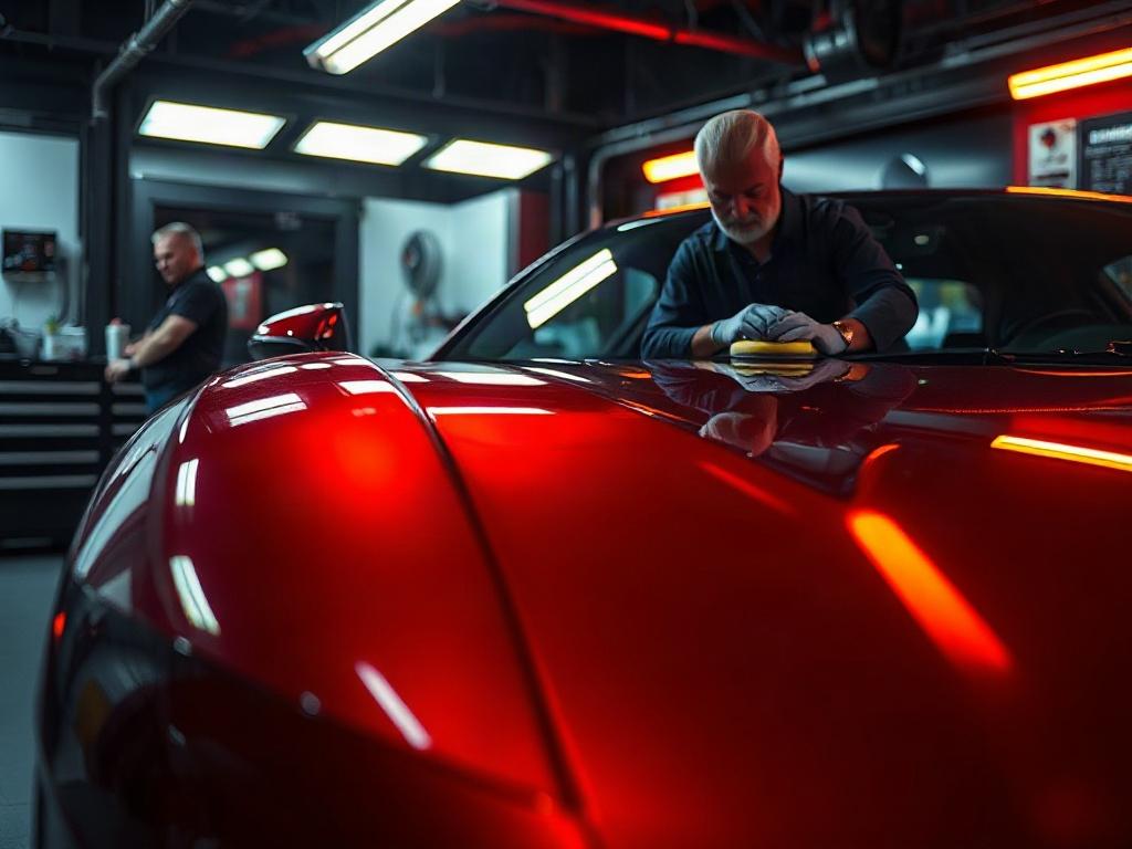 A sleek luxury car undergoing a professional detailing process. The focus is on the car's shiny surface reflecting vibrant colors, with a detailer in the background carefully polishing the vehicle. The setting is a modern, well-lit auto detailing workshop with high-end tools and products visible. The atmosphere conveys luxury and professionalism.