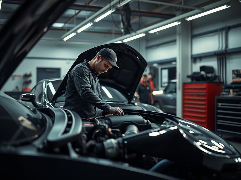 A skilled mechanic working on a luxury car in a modern garage. The mechanic is focused on the engine, showcasing tools and equipment neatly organized around him. The environment is bright and clean, emphasizing professionalism. The car's sleek design highlights the quality of the service provided.