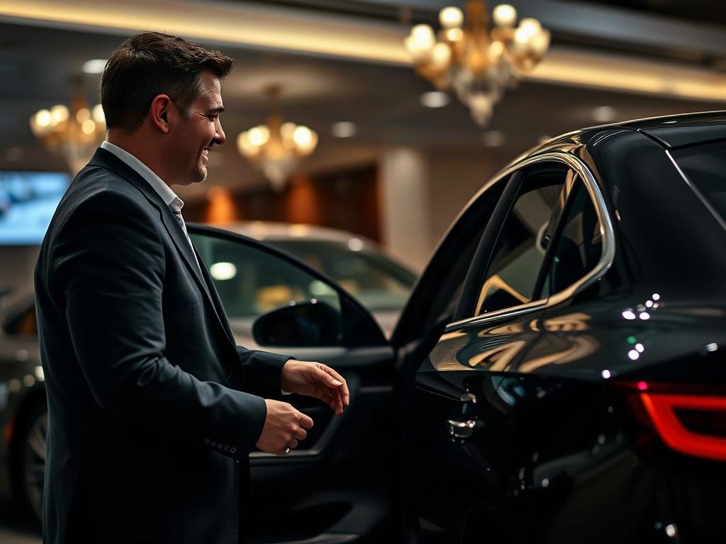 A professional concierge presenting a luxury car to a satisfied client. The setting is an upscale environment, possibly a dealership or exclusive parking area. The client is smiling and engaged in conversation, with an aura of exclusivity. The background is elegant, reflecting high-end automotive service.
